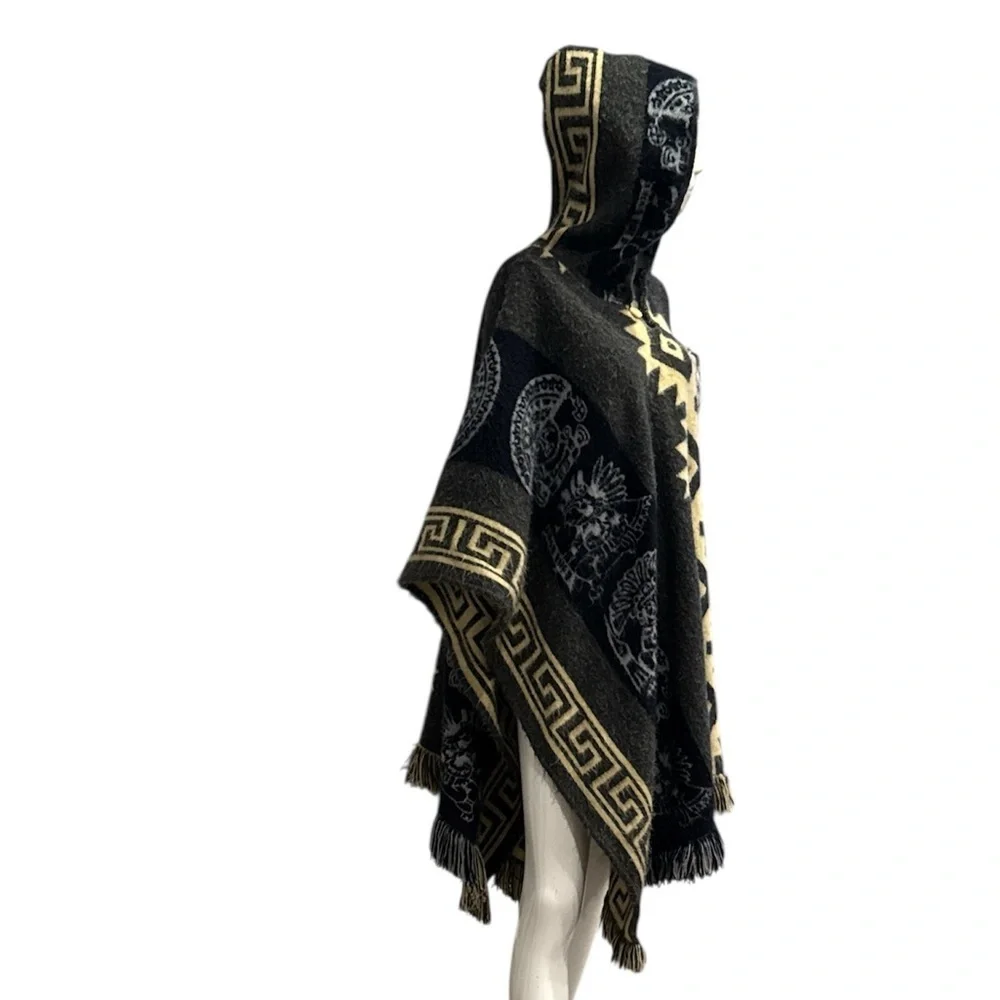 Unisex Andean Aztec Alpaca Blend Hooded Charcoal Multi Fringed Poncho Size OS
